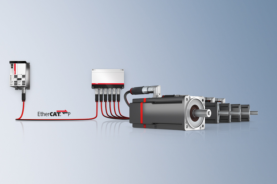 例如，有了 EtherCAT P 标准后，通过一根电缆即可为 AMP 系列分布式伺服驱动系统供电电源和传输数据，从而节省了控制柜中的安装空间。