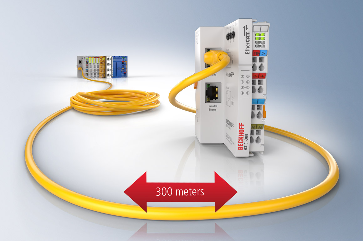 EtherCAT 也可通过 2 个 EtherCAT 耦合器简化广阔区域的数据采集，通信距离最长可达 300 米。对于更远的距离，可以使用传输长度最长为 100 km 的光纤解决方案。