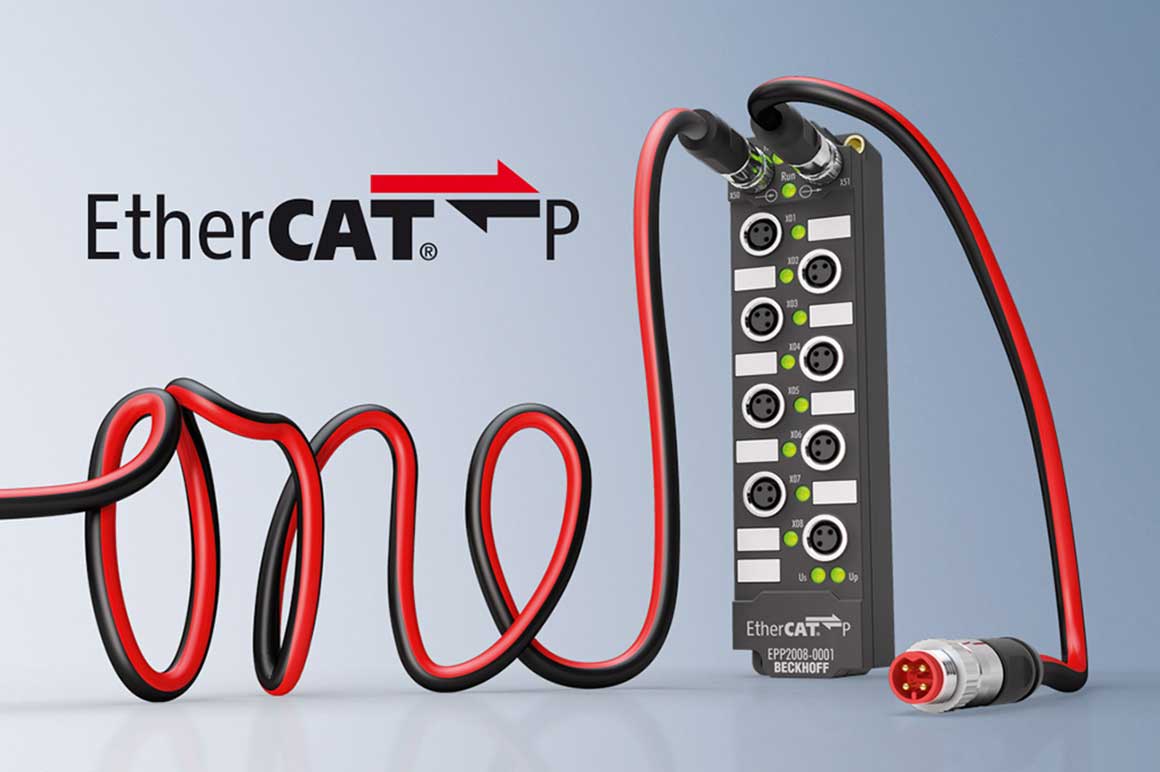 在 EtherCAT P 单电缆自动化解决方案中，分布式模块和设备通过一根电缆传输控制数据及供电。
