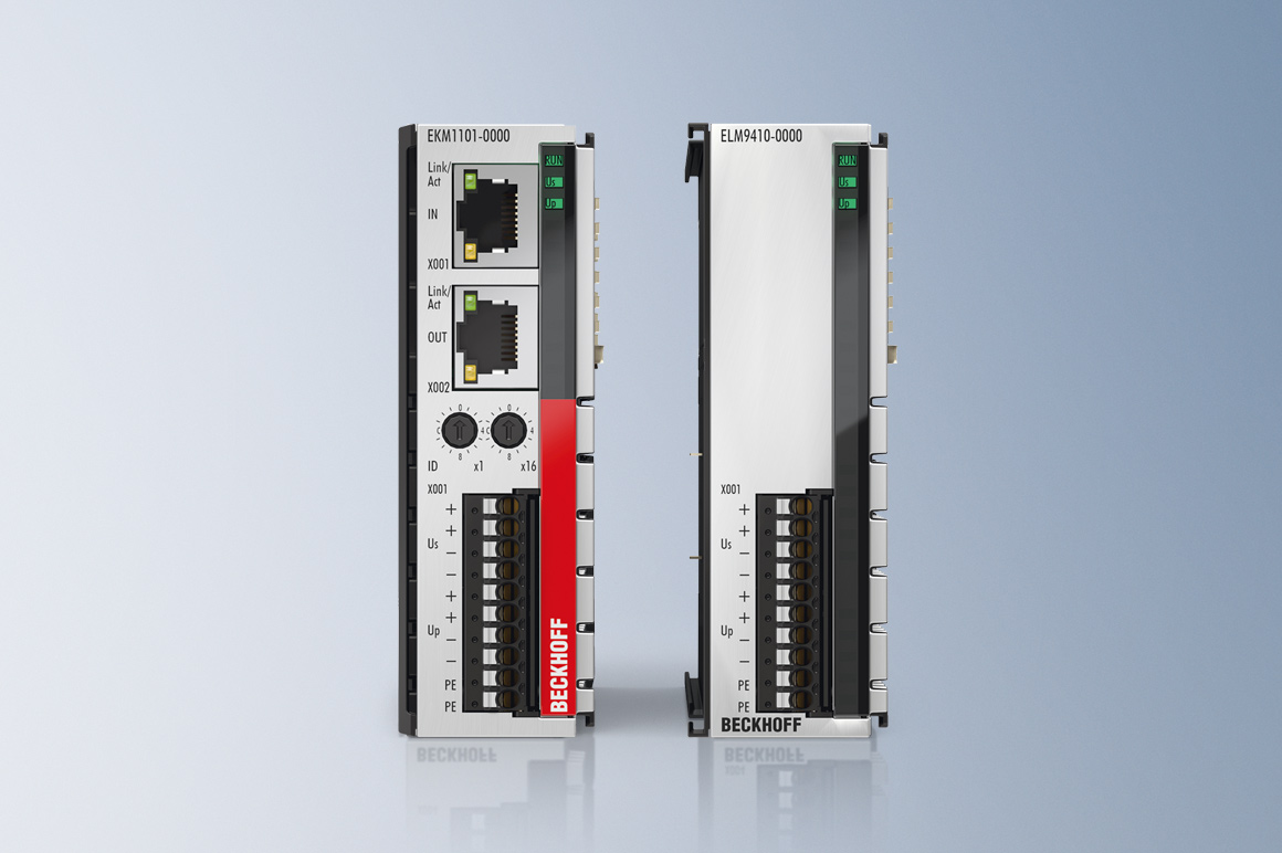 EtherCAT 耦合器 EKM1101（左）用于连接 ELMxxx 系列 EtherCAT 测量模块与 EtherCAT。电源端子模块 ELM9410（右）用于增大 E-bus 电流。