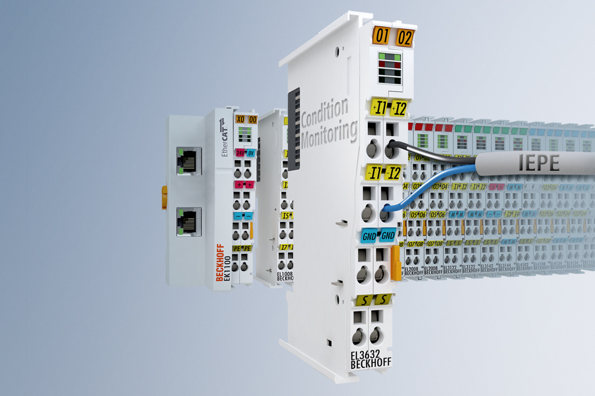 EL3632 能够通过 IEPE（Integrated Electronics Piezo-Electric）接口直接连接各种加速度传感器并实现高精度振动测量。