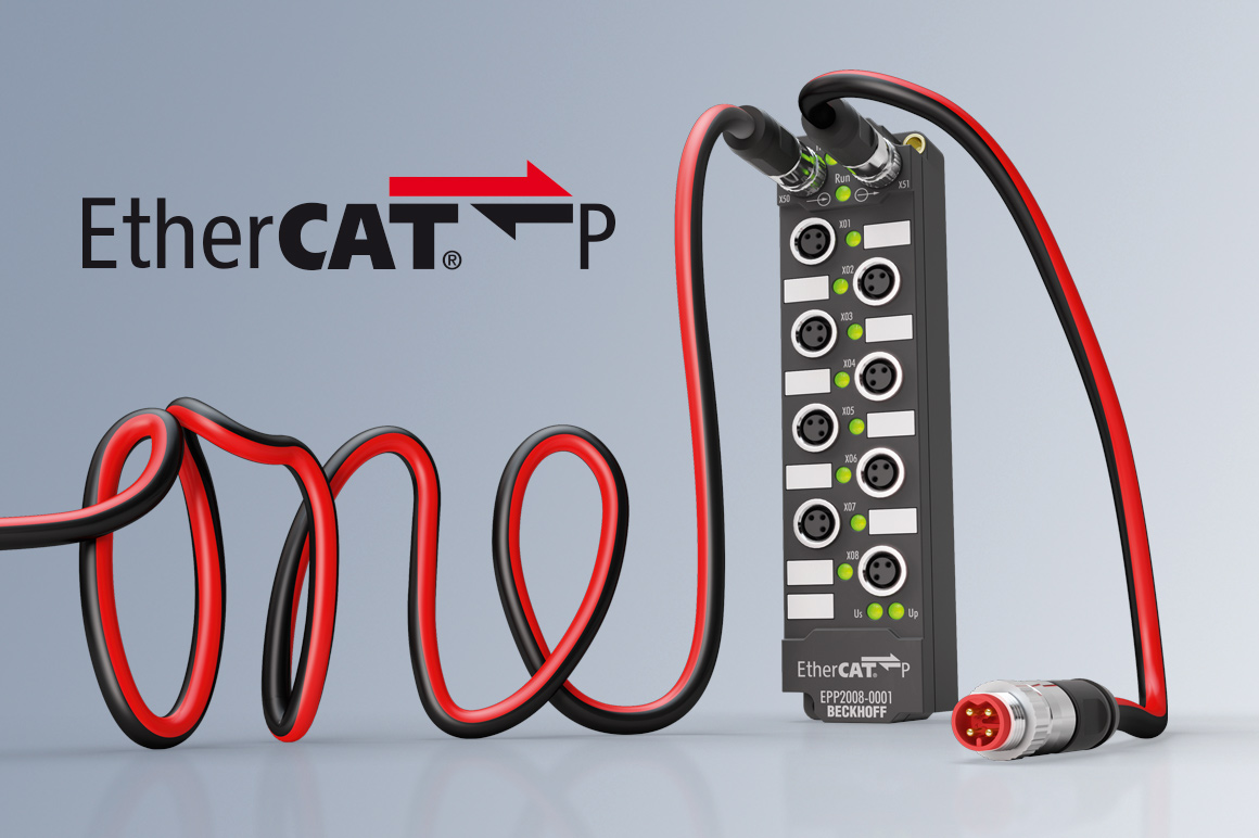 2016 年发布的 EtherCAT P 技术是 EtherCAT 发展历程中的又一个里程碑，采用 EtherCAT P 可以将供电（2 x 24 V）和 EtherCAT 通信集成在一根标准电缆中。该技术为不需要设备控制柜的机器应用提供了可能。