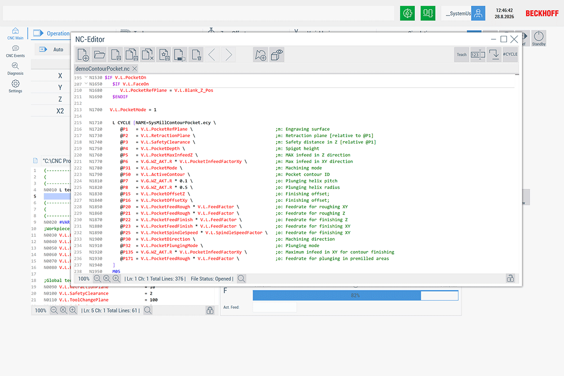 The NC editor supports the creation and editing of NC files with syntax highlighting, code completion, and IntelliSense for TwinCAT CNC.
