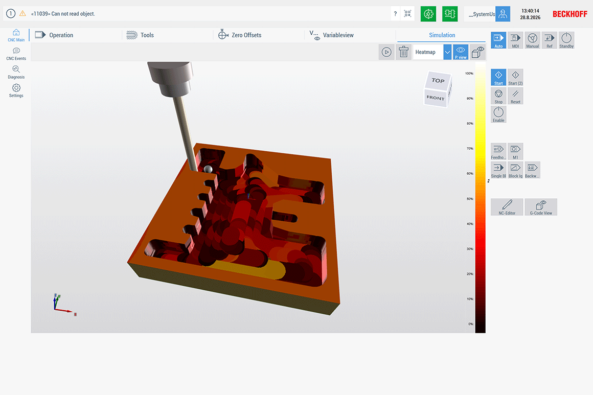 The machining simulation visualizes material removal in real time or in fast-forward mode and enables heatmap-based presentation of measurement data on the workpiece.