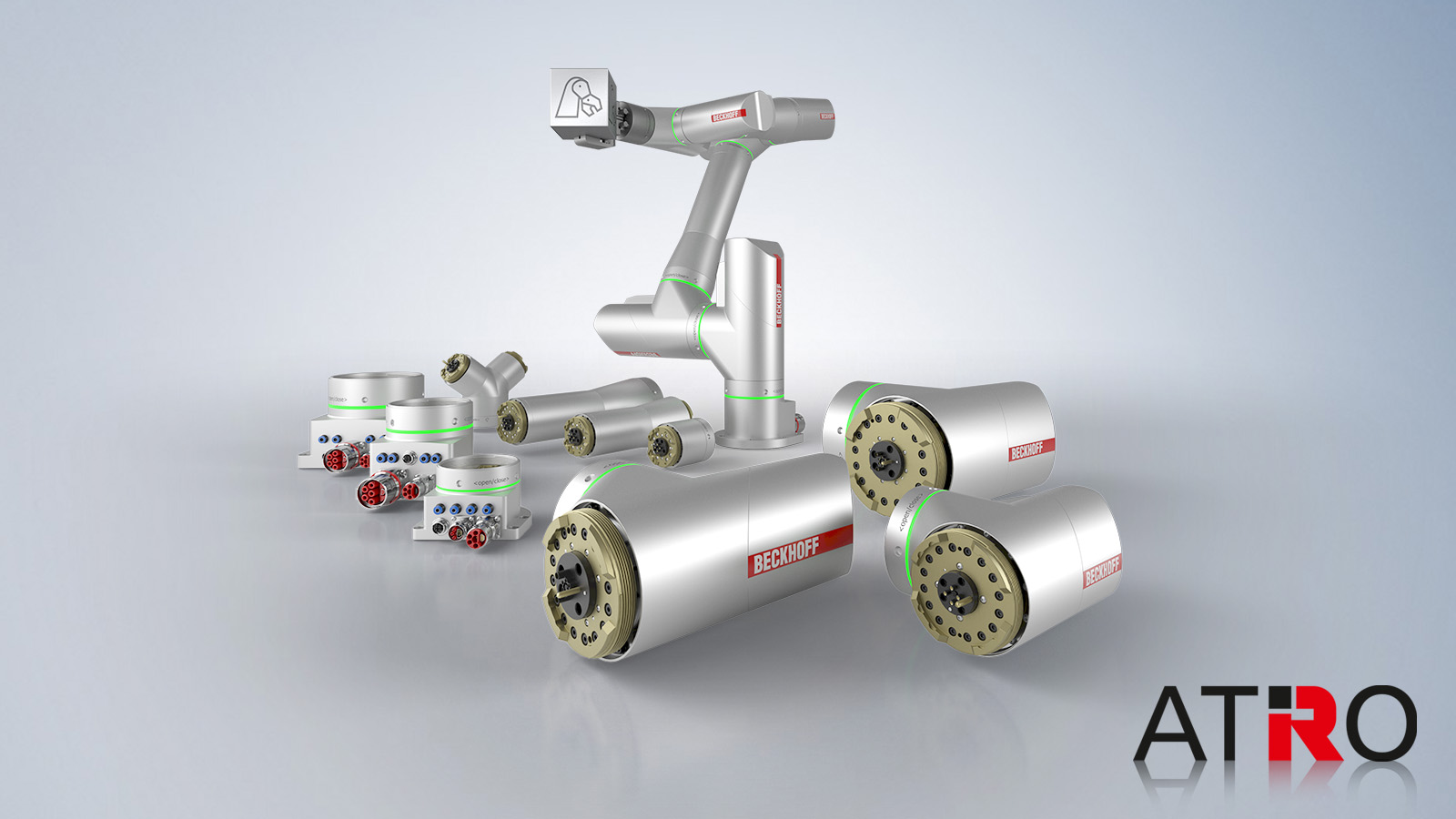 客户可以根据不同的应用需求使用倍福的 ATRO 模块化机器人系统组装成造型最为匹配的机器人。该视频展示了 ATRO 系统所能实现的应用：www.beckhoff.com/atro 