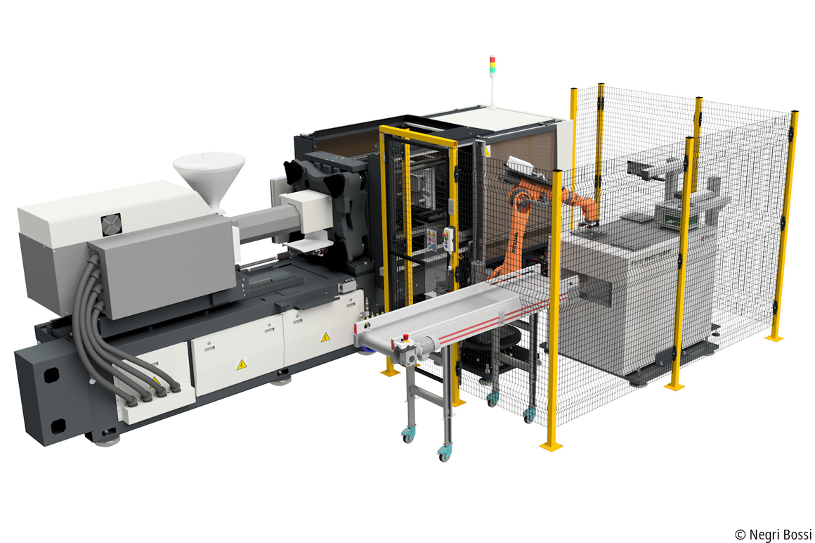The technology demonstrator from Nissei Plastic combines an injection molding machine with a flexible process station for checking the quality of the components produced.