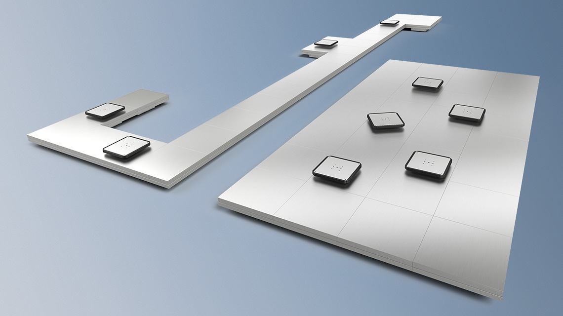 XPlanar 平面磁悬浮产品输送系统：传输平面模块不仅可以排列成矩形表面，还可以根据具体的应用需求定制设计传输平面的布局。  