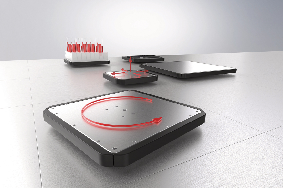 The XPlanar planar motor system enables the individual free-floating 2D transport of products and workpieces with up to six degrees of freedom – e.g., injection molded parts such as those produced by Nissei Plastic machines.