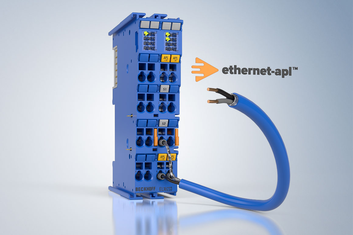 Ethernet-APL 助力实现无缝数据采集：Ethernet-APL 现场设备可以通过 EtherCAT 端子模块ELX6233 集成到控制架构中。