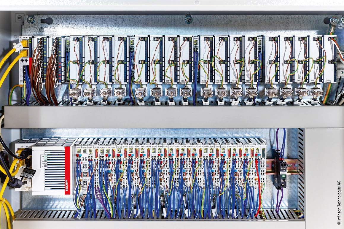 上方为 16 个 EtherCAT 双通道测量端子模块 ELM3102-0100，以 24 位分辨率和 0.01% 的精度测量半导体模块上产生的电压；由 EL2596 EtherCAT 端子模块提供的 10 至 500 mA 的电流通过分流器精确注入，而这些端子模块则通过 EL9560 电源端子模块（下方）实现电气隔离