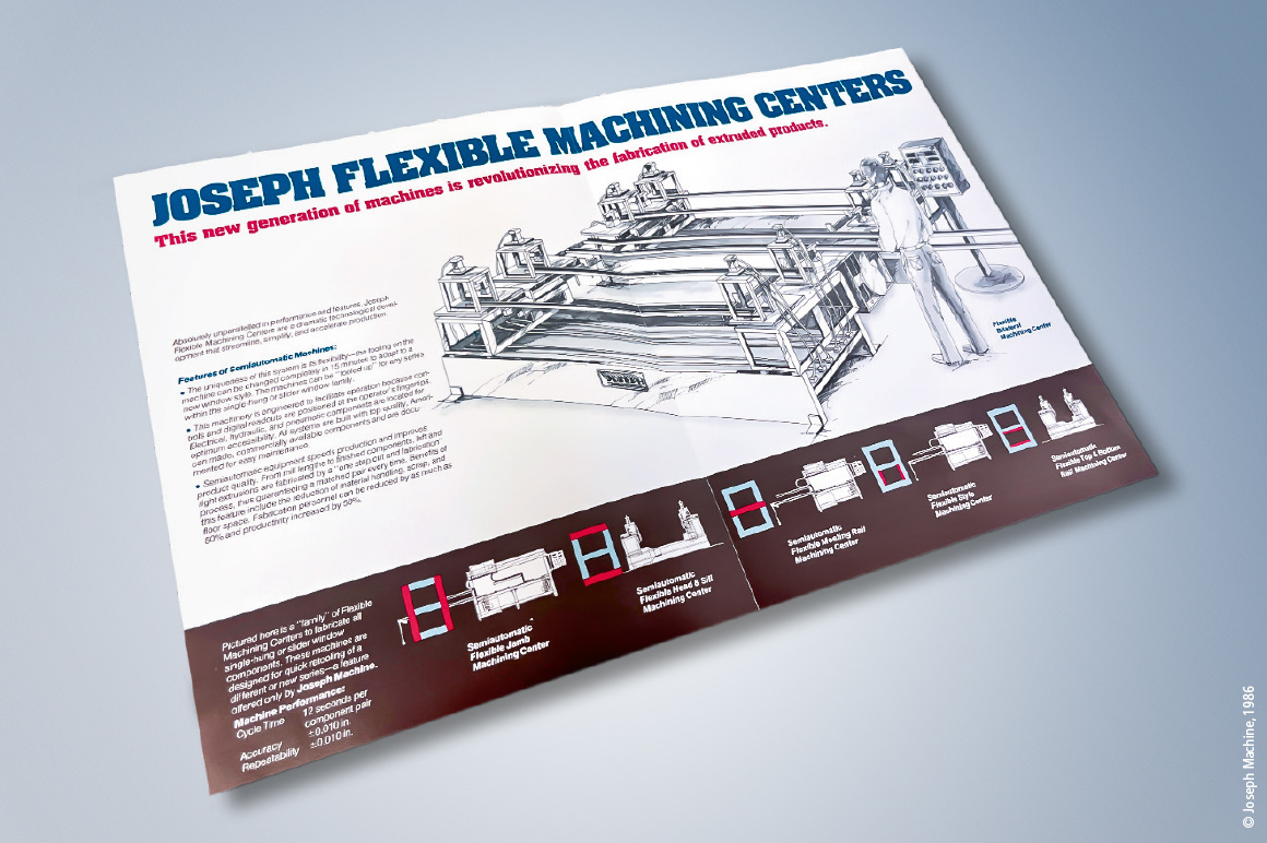 约 1986 年绘制的 Joseph Machine 柔性加工中心原始概念设计图。依托先进的基于 PC 的控制技术，这一极具前瞻性的构想在 jFlex SFMC 机床上成功落地。该设备能够在 60 秒内迅速完成由 PVC、玻璃纤维或铝合金等不同材质制成的门窗框架组装工作
