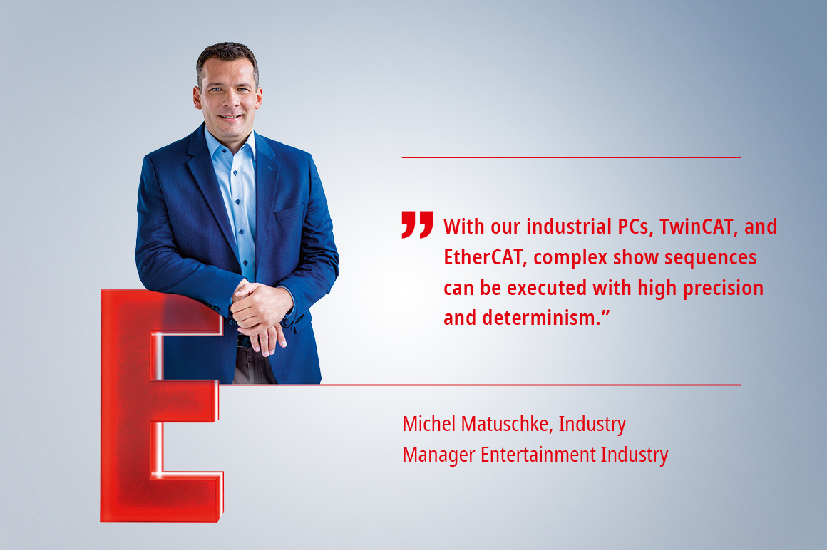 “借助我们的工业 PC、TwinCAT 和 EtherCAT，可以高精度、高确定性地执行复杂的演出序列。” – Michel Matuschke，娱乐设备行业经理
